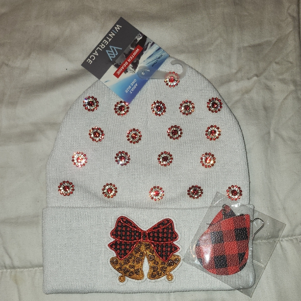 Beanie with Red Embellishments and Earrings